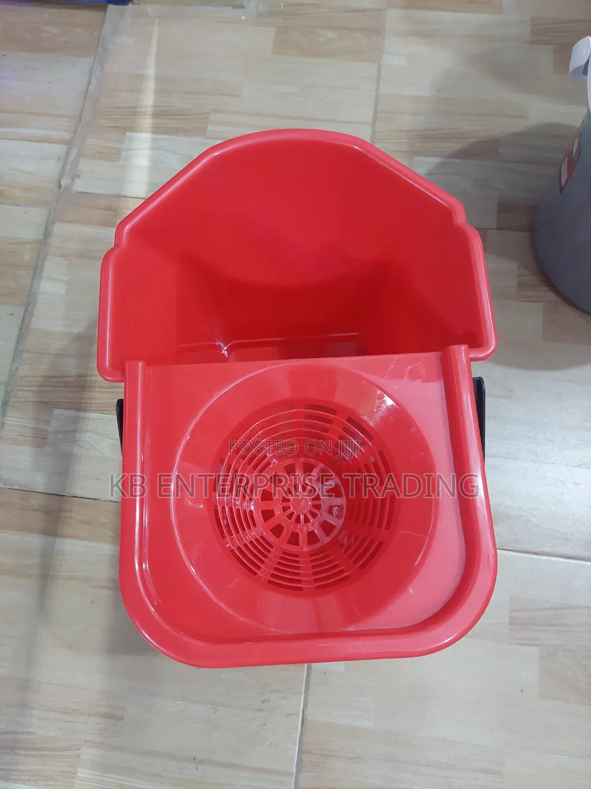 Red Plastic Mop Bucket With Caution Wet Floor Warning and Integrated
