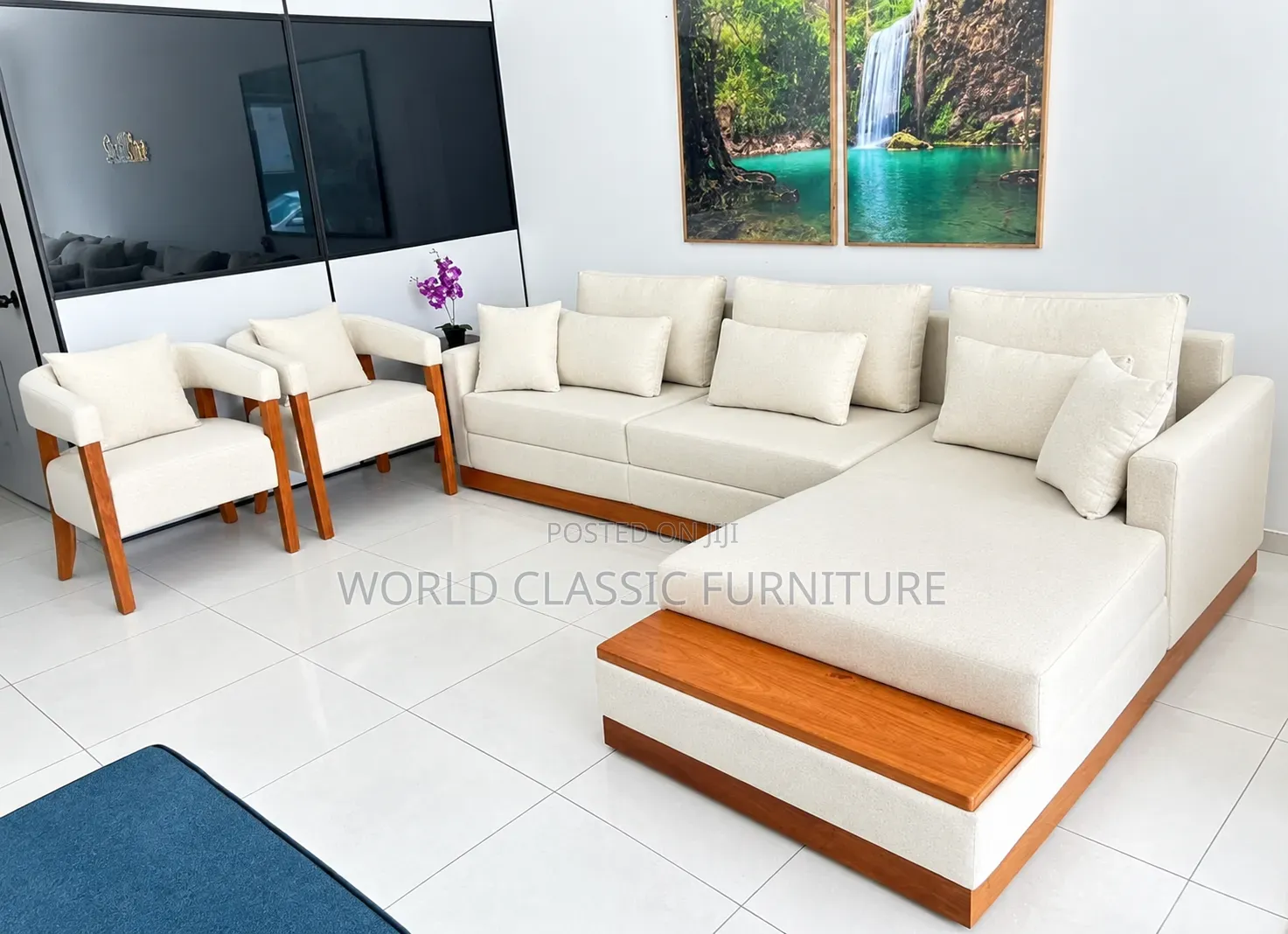 Modern L-Shaped Sectional Sofa Set With 2 Accent Chairs