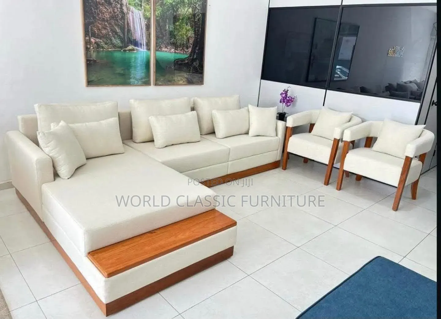 Modern L-Shaped Sectional Sofa Set With 2 Accent Chairs