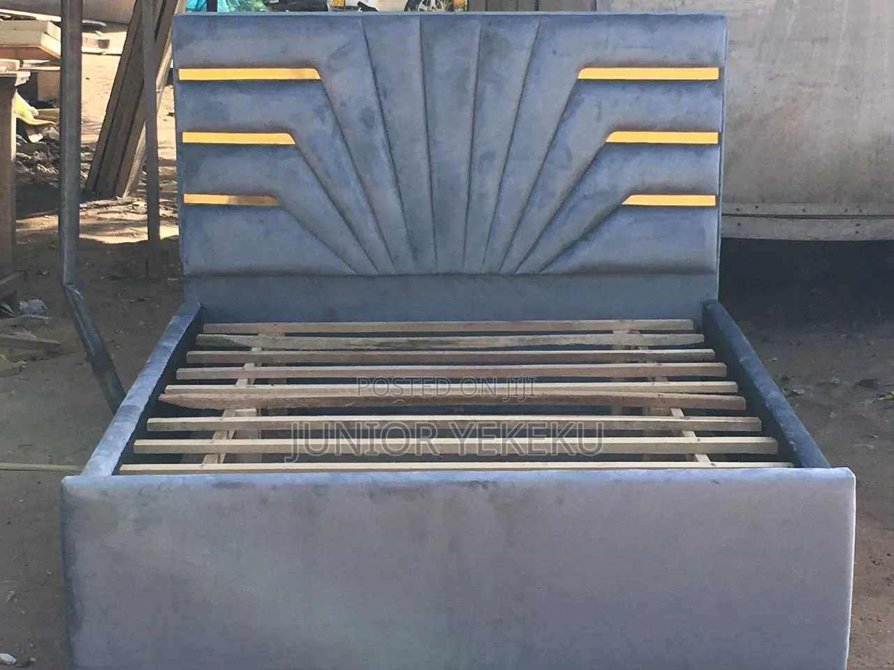 Double Bed Frame Gray Color With Gold Design Available