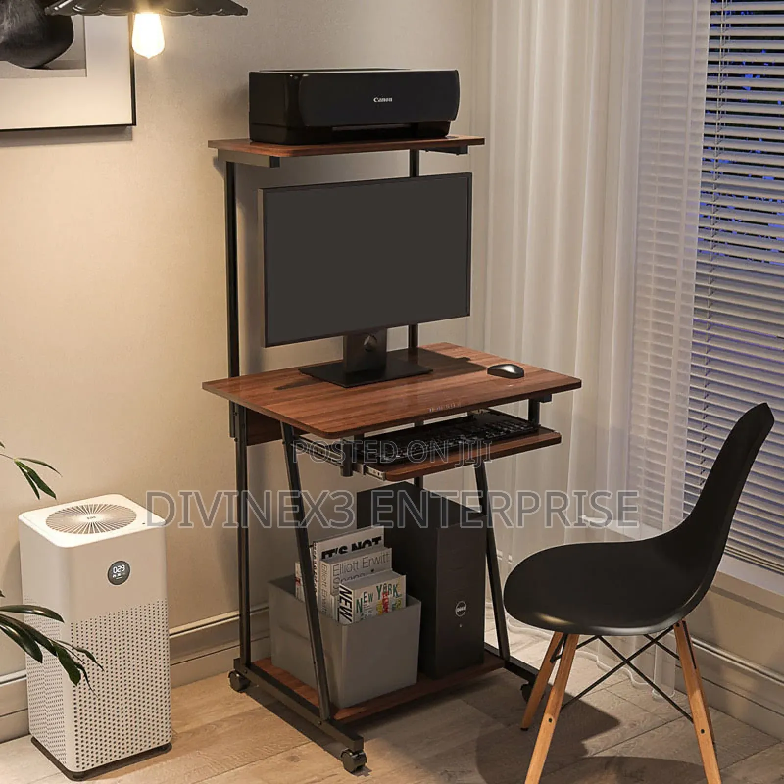Compact Rolling Computer Desk – Walnut Finish