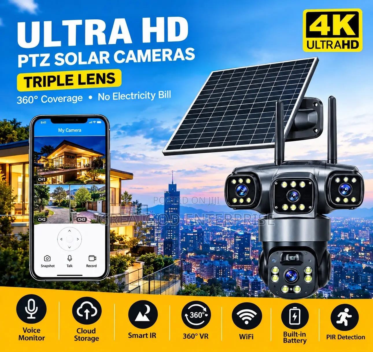4K Triple-Lens PTZ Solar-Powered Security Camera