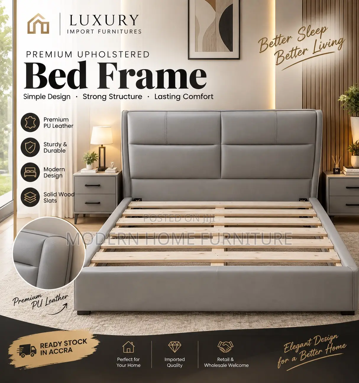 Luxury Grey PU Leather Bed | Imported | Modern Comfortable