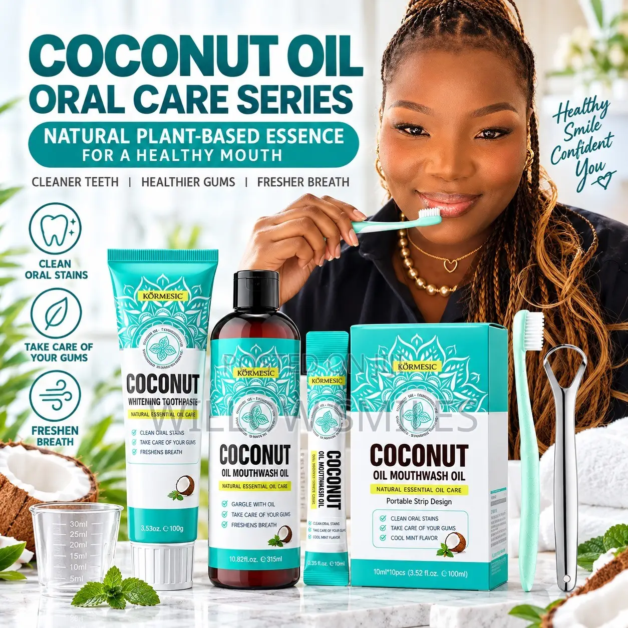 Coconut Oil Bottle Sachet Mouthwash | Toothpaste | Scrapper | Brush