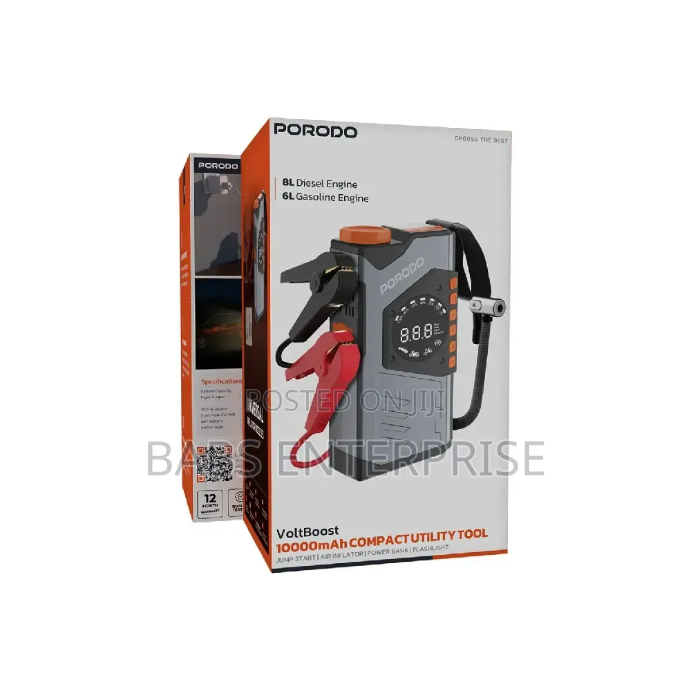 Porodo VoltBoost 10000mAh 3 In1 Jump Starter Power Bank Air Compressor
