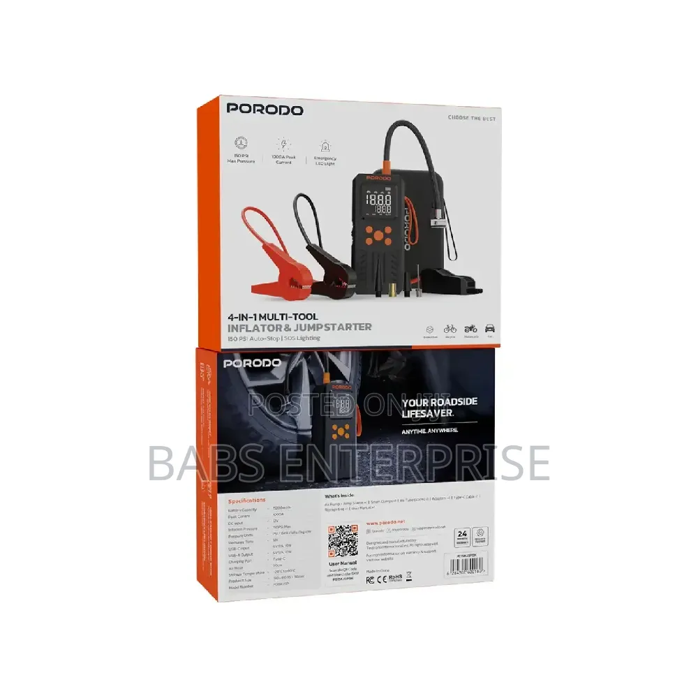 Porodo 4-in-1 Multi-Tool Inflator Jump Starter With 150PSI Auto-Stop