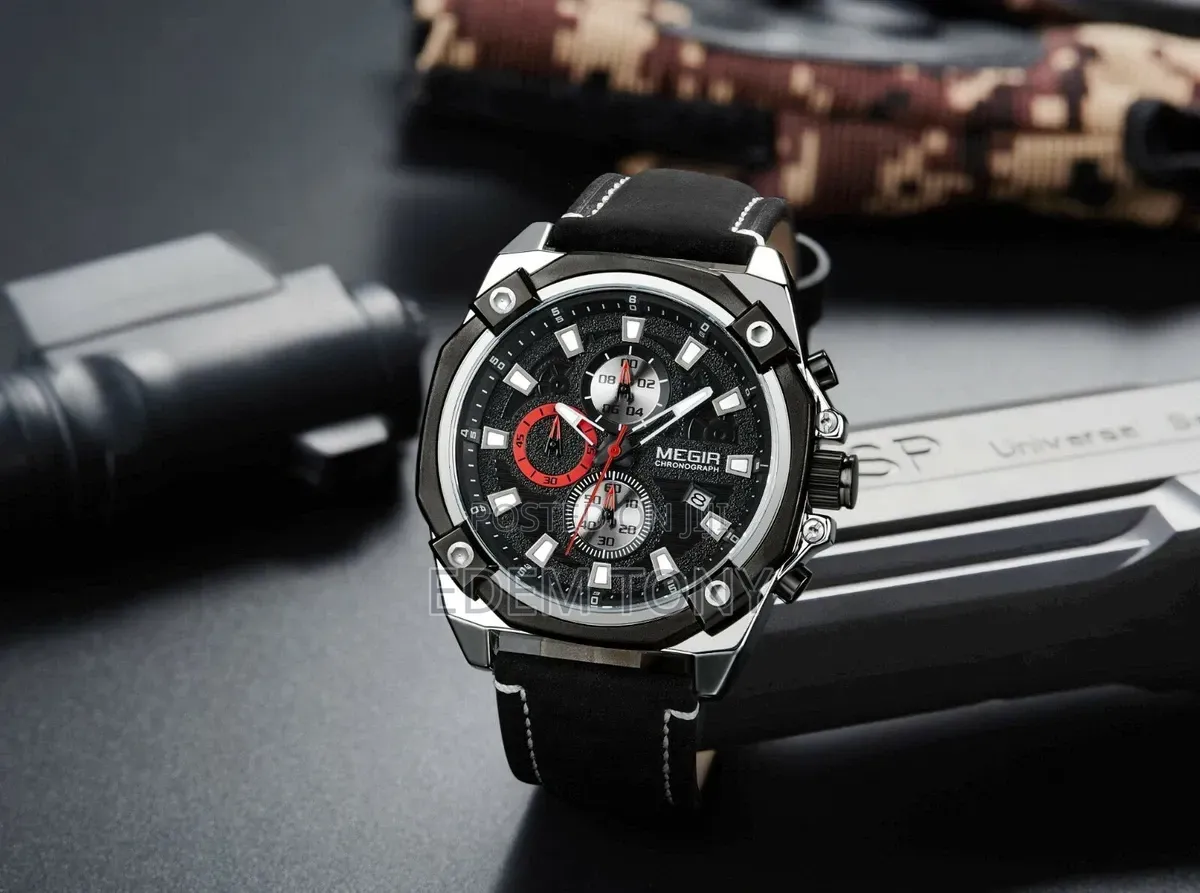 MEGIR Watch Quartz Movement Alloy Case Leather Band Silver Dial 2054
