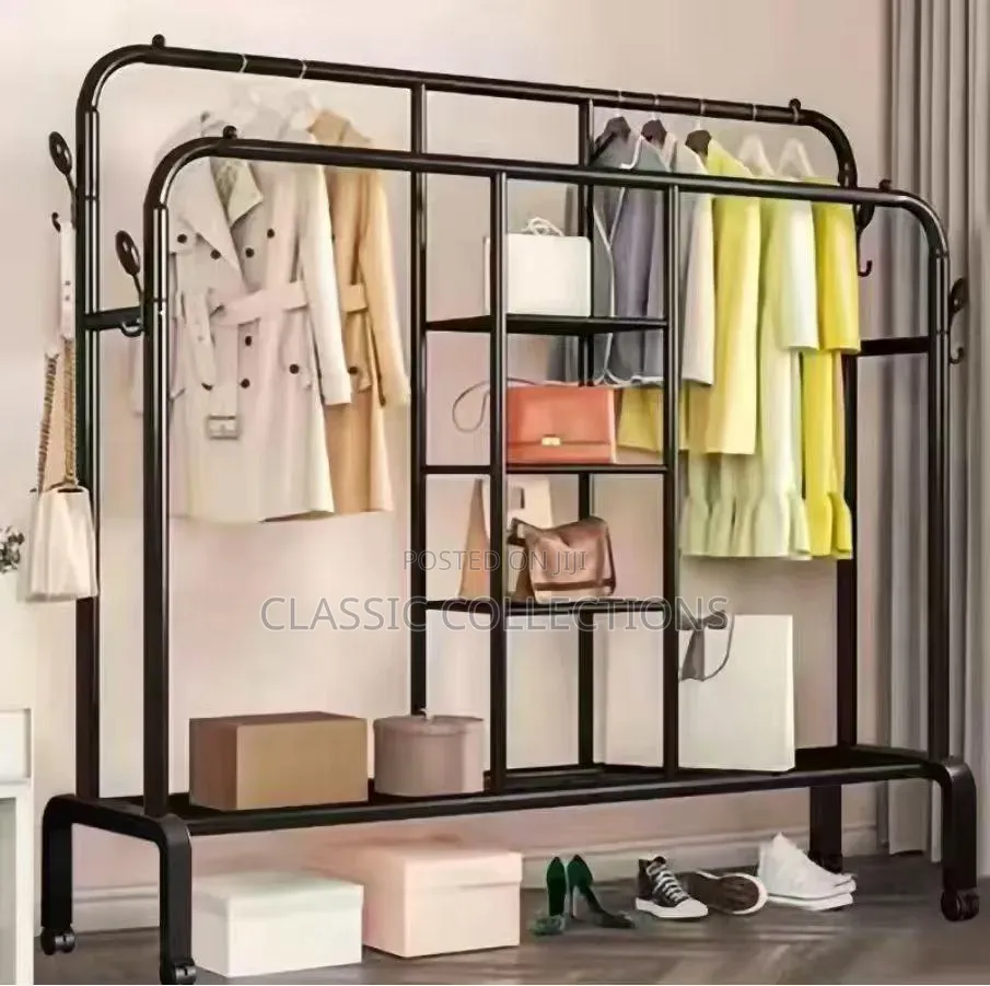 Heavy-Duty Double Pole Clothes Hanger With Shelves