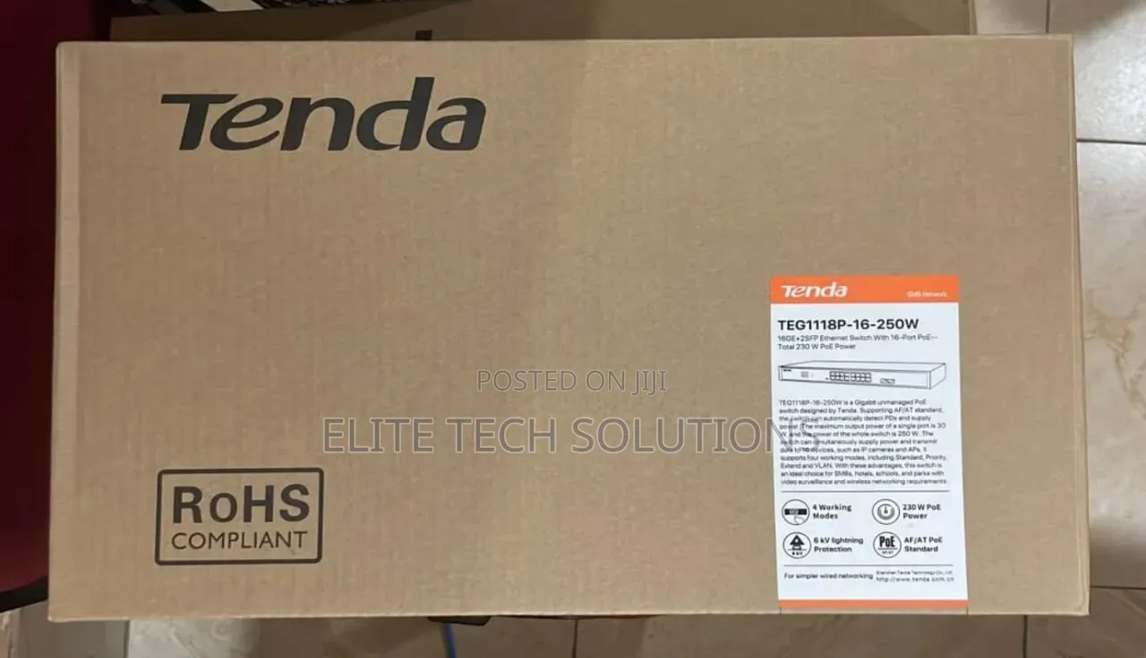 Tenda 16port Gigabit Poe Switch 250w+2sfp-Teg1118p-16-250w