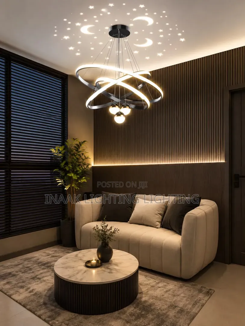 2 Rings + 3 Balls With Moon Stars Projector Chandelier