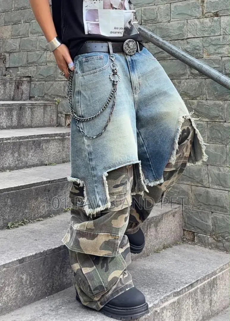 Camo Layered Baggy Cargo Pants | Denim Over Camo Streetwear