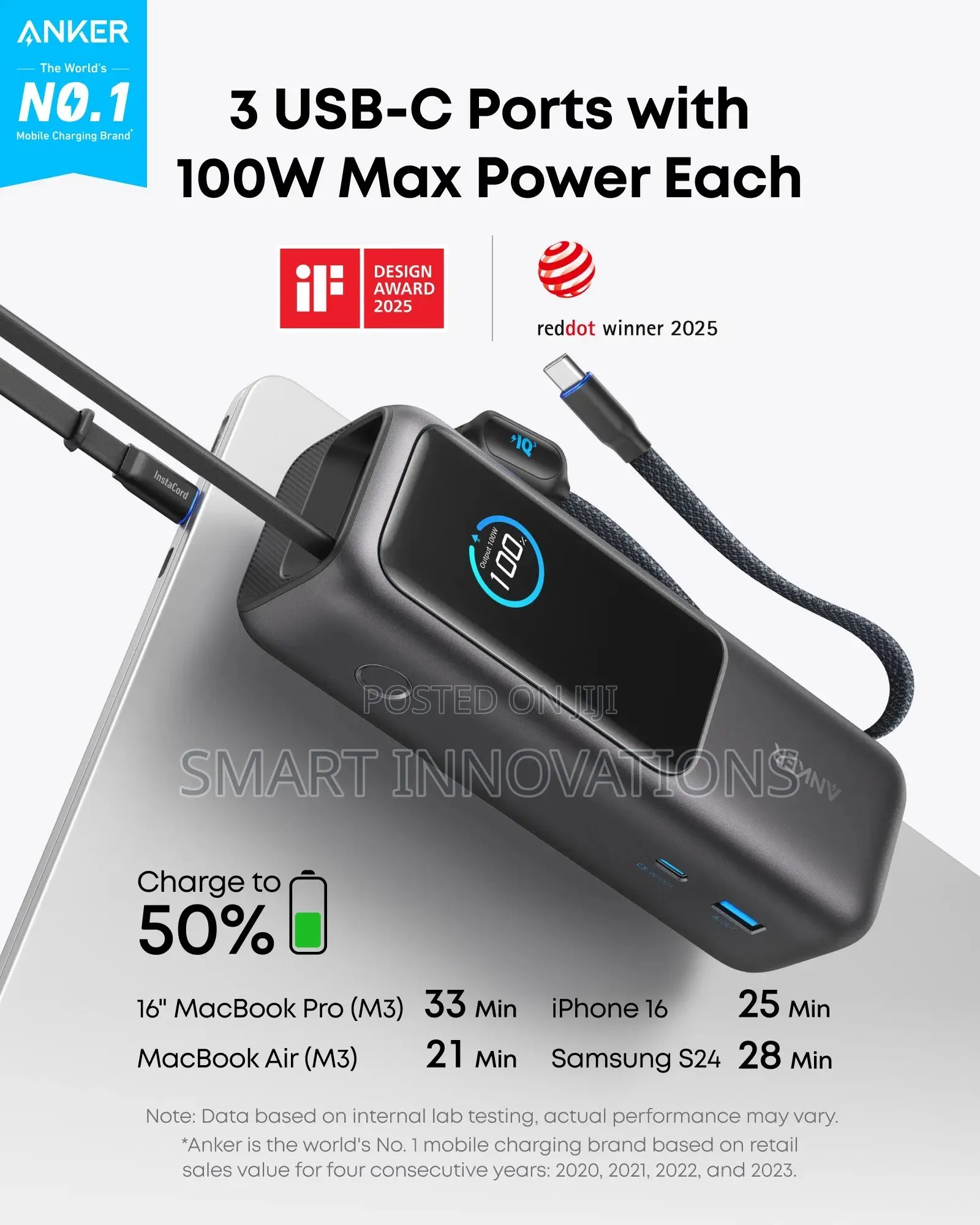 Anker Laptop Power Bank (25K, 165W, Built-in and Retractable Cables)