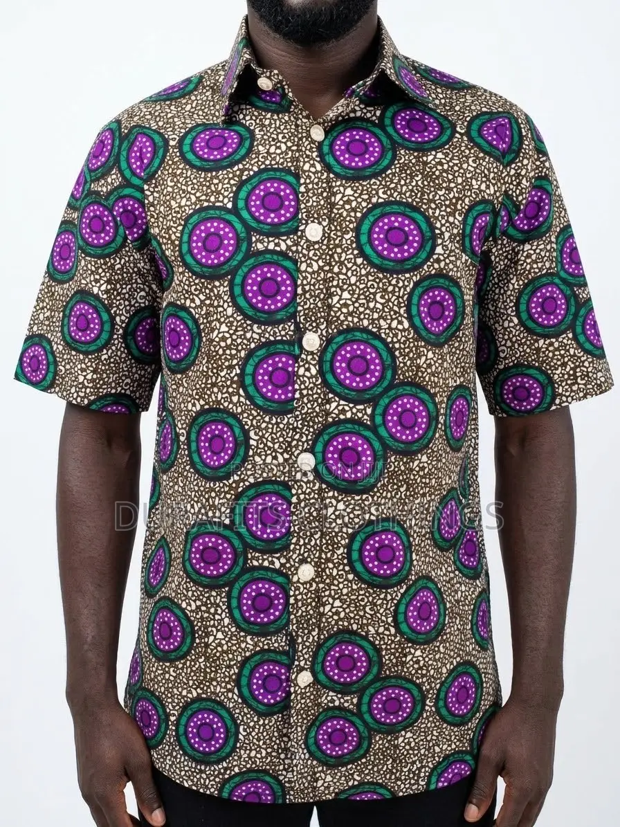 Men’s Purple & Teal Circle African Print Short-Sleeve Shirt