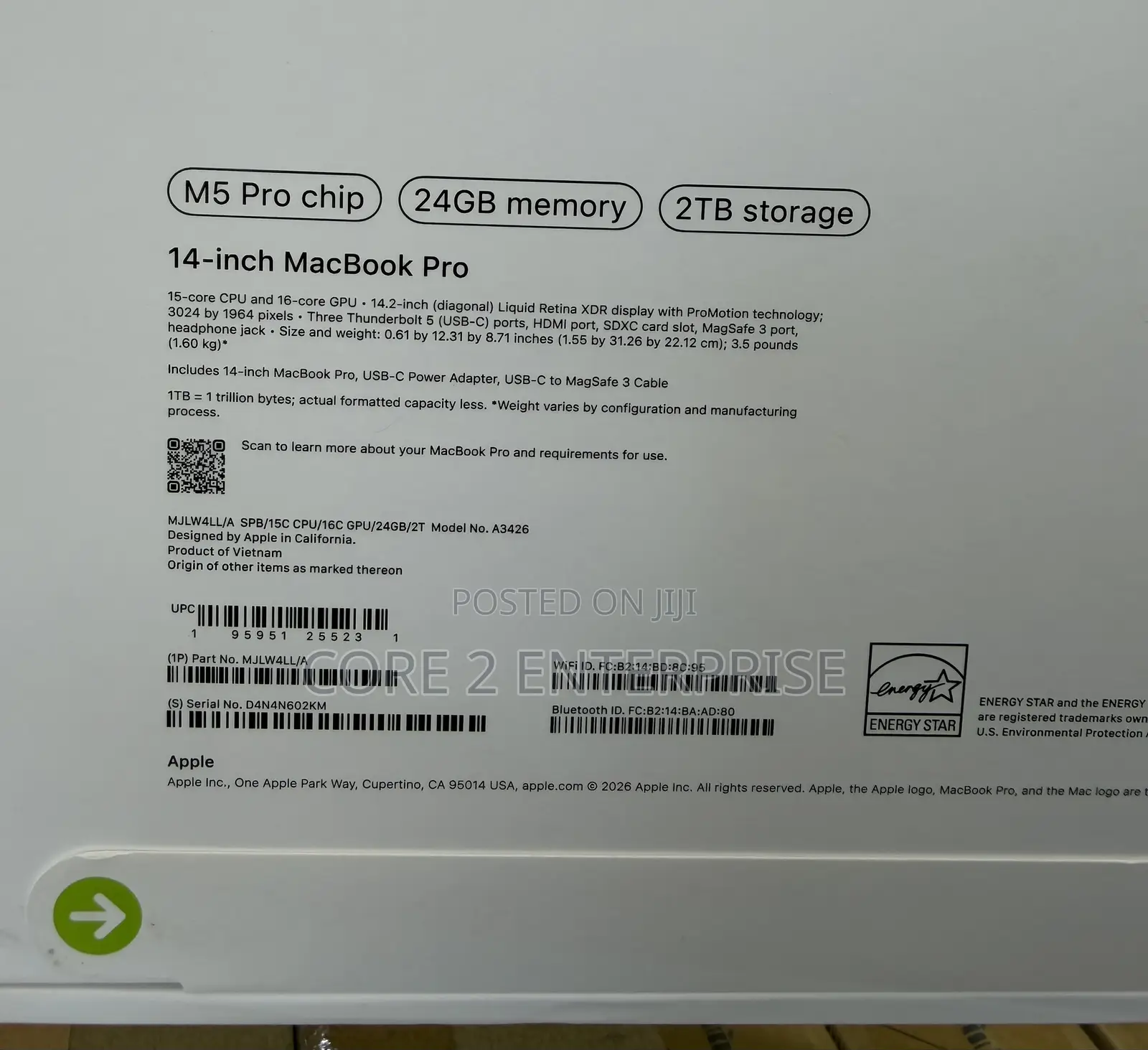 New Laptop Apple MacBook Pro 24GB Apple M5 Pro SSD 2T