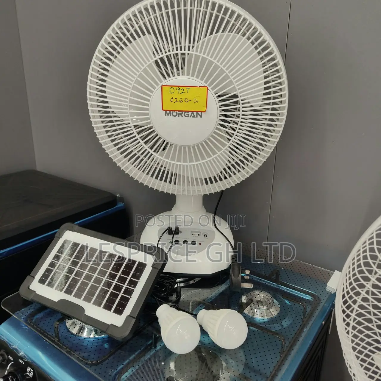Rechargeable Fan With Solar Panel, USB Port,LED Light and 2 Free Bulbs