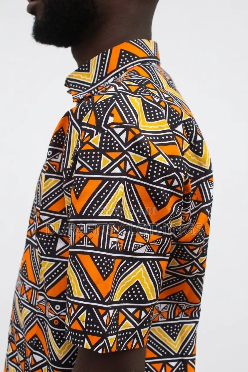 Men’s Vibrant Orange Chevron African Print Short-Sleeve Shirt