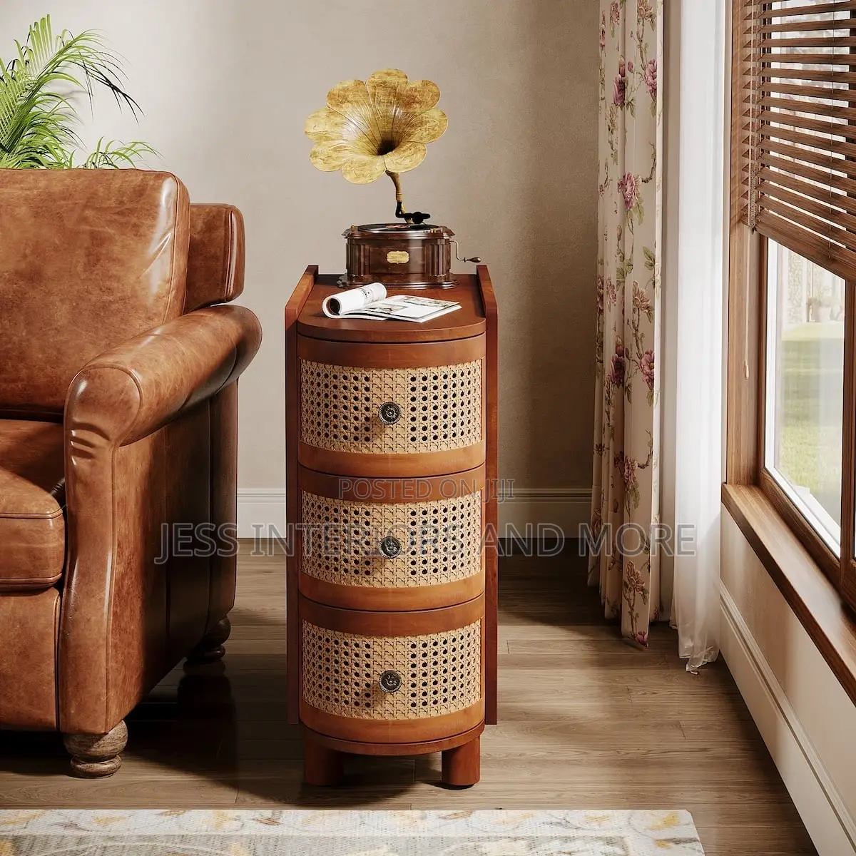 Side Table NightStand With 3 Rattan Drawers