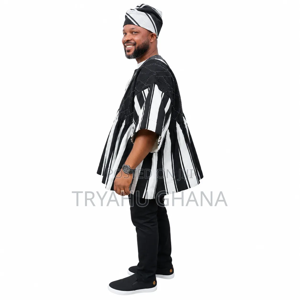 Pure Black and White Funeral Smock Attire for Men in Ghana