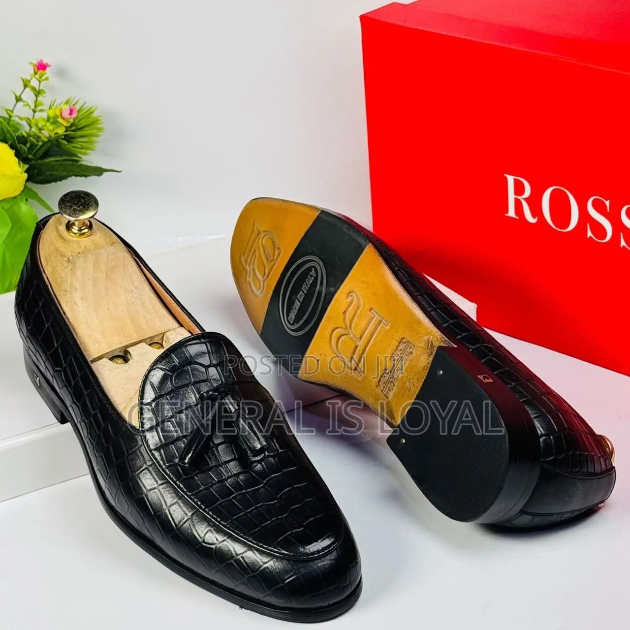 Rossi Black Ring My Bell, Crocodile-Embossed Leather Tassel Loafers