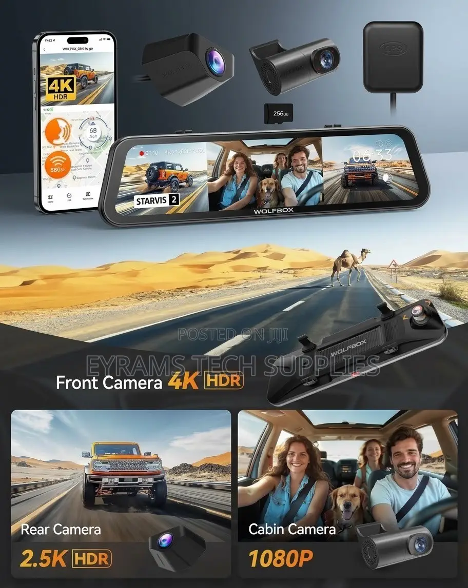 WOLFBOX 4K 3-Channel Dash Cam (Front, Rear & Cabin) + GPS