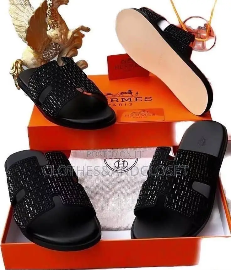 Black Embellished Hermès-Branded Slide Sandals