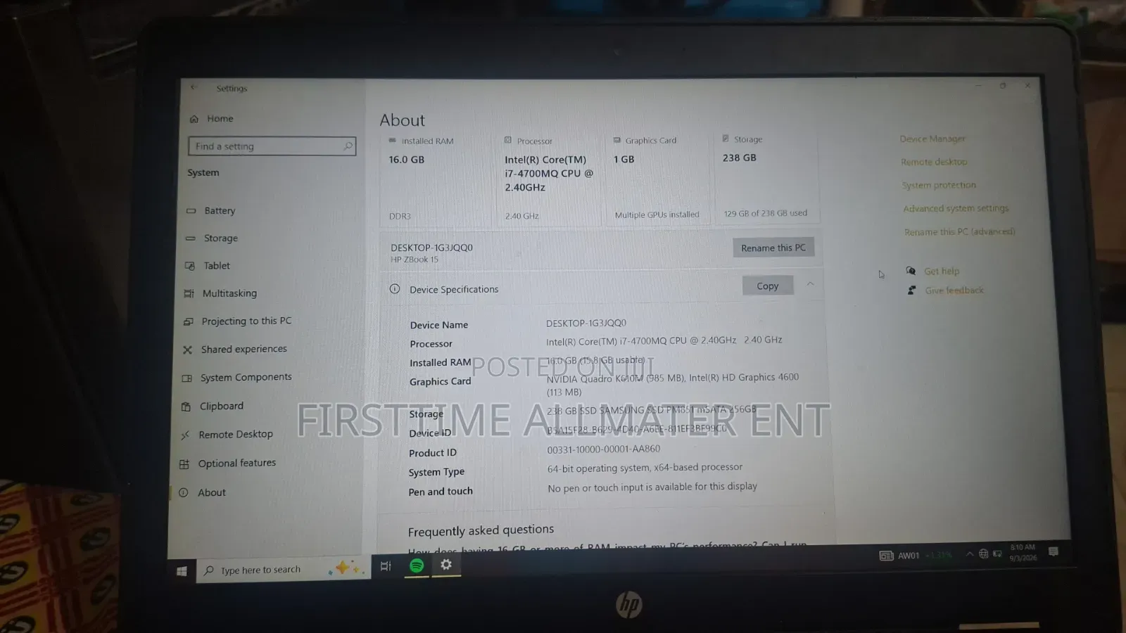 Laptop HP ZBook 15 16GB Intel Core i7 SSD 256GB