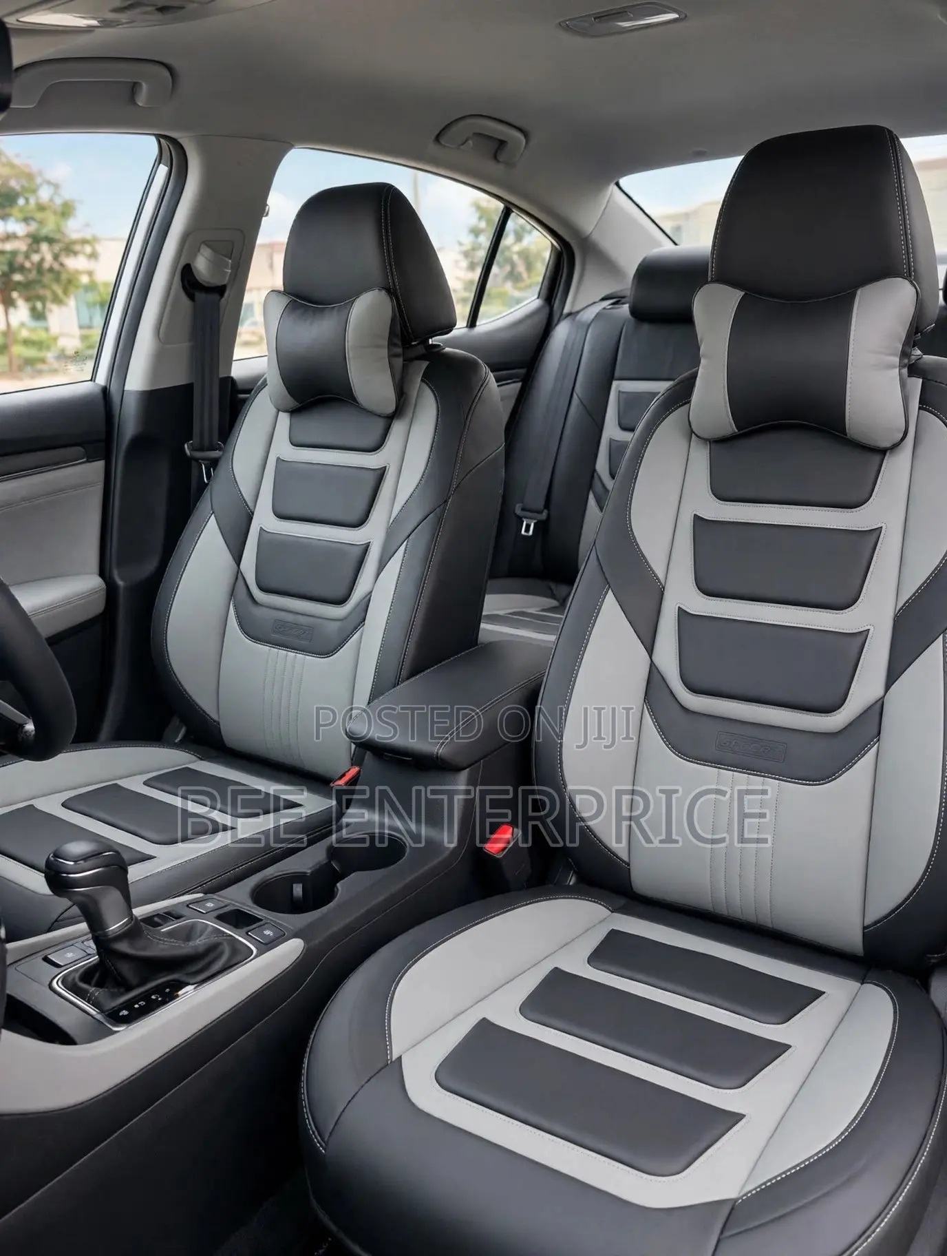 Grey Sport Leather Car Seat Cover Full Set With Neck Pillows