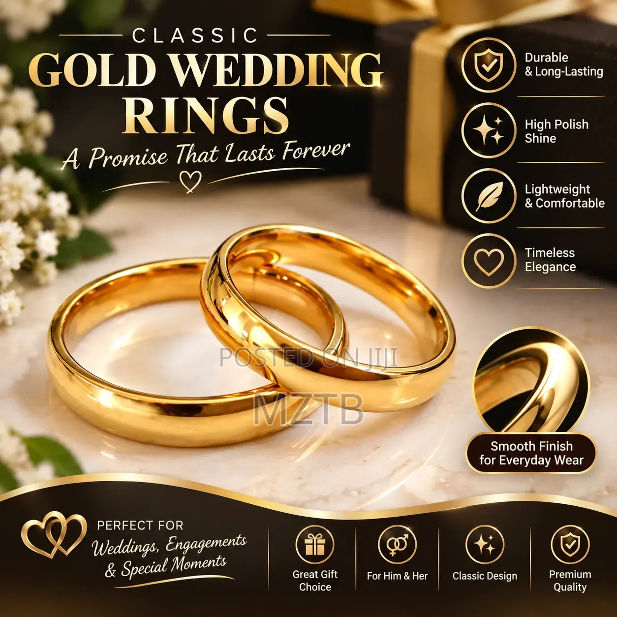 2 Pieces 4mm Stainless Steel Couple Wedding Rings - Gold