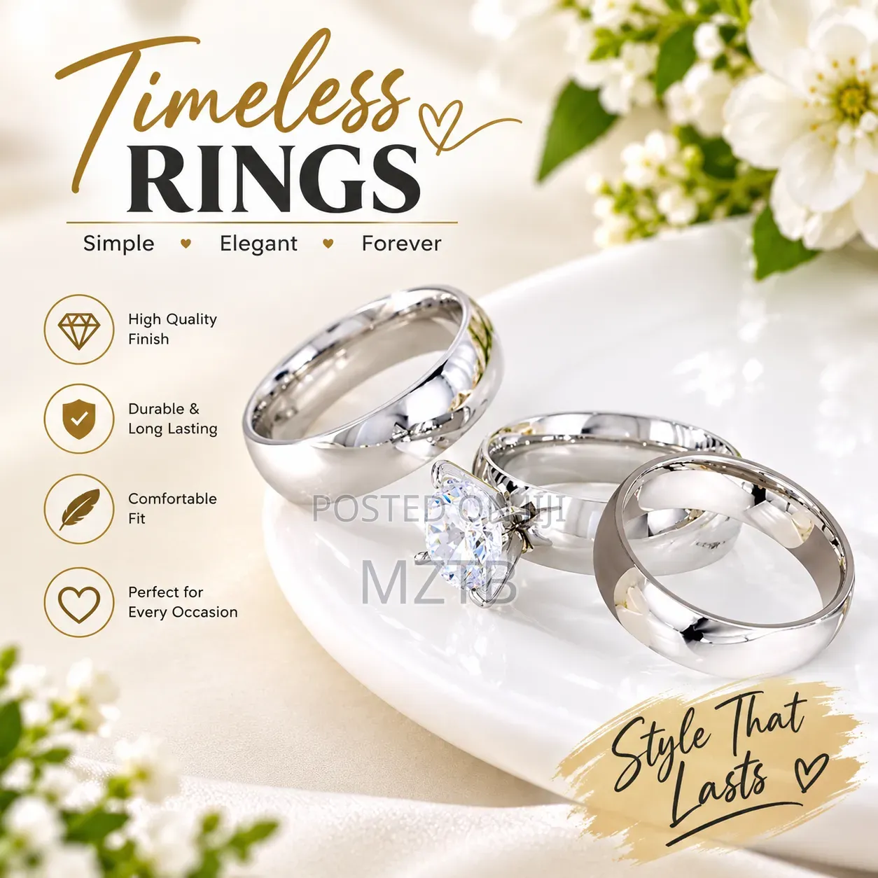 3 Piece His and Hers Couple Wedding Engagement Rings Set- Silver