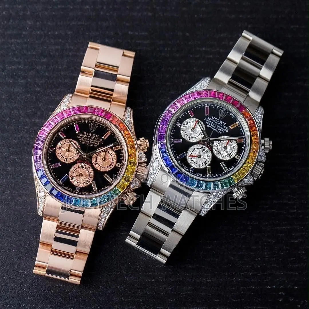 Rolex-Inspired Rainbow Chronograph Luxury Watch – Rose Gold Edition