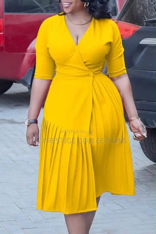 Yellow Pleated Wrap Flare Midi Dress
