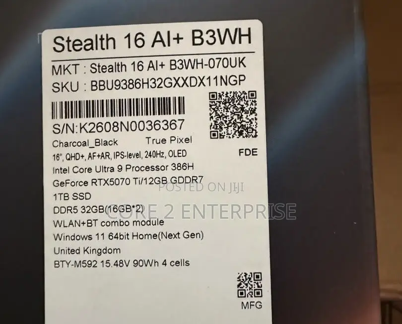 New Laptop MSI Stealth 16 AI Studio 32GB Intel Core Ultra 9 SSD 1T