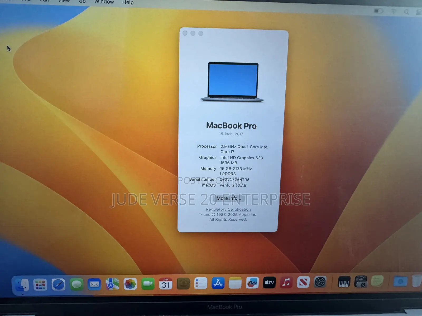 Laptop Apple MacBook Pro 2017 16GB Intel Core i7 SSD 512GB