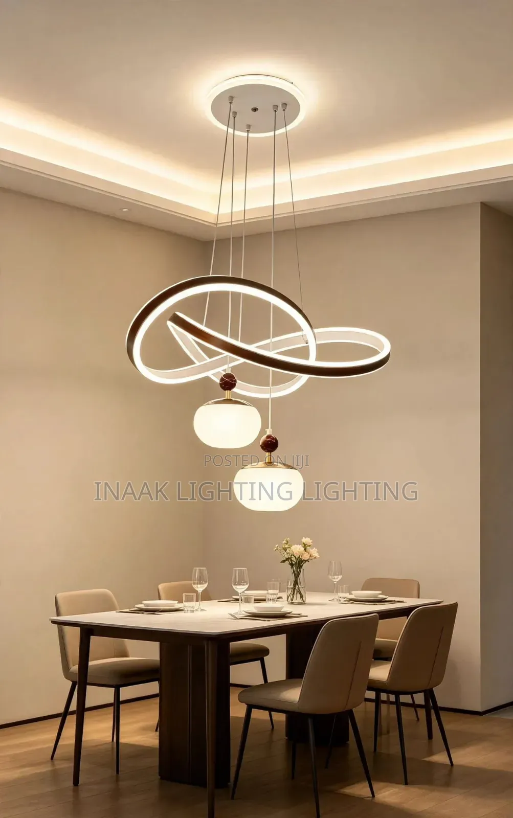 Interlocking Rings Chandelier With 2 Milky Globe Pendants