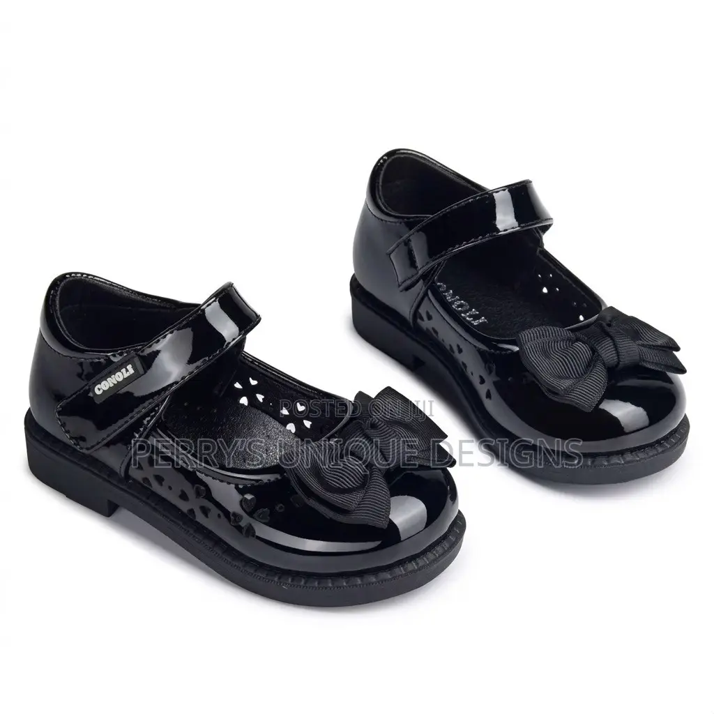 Conoli Glossy Bow Mary Jane Shoes for Girls-Black