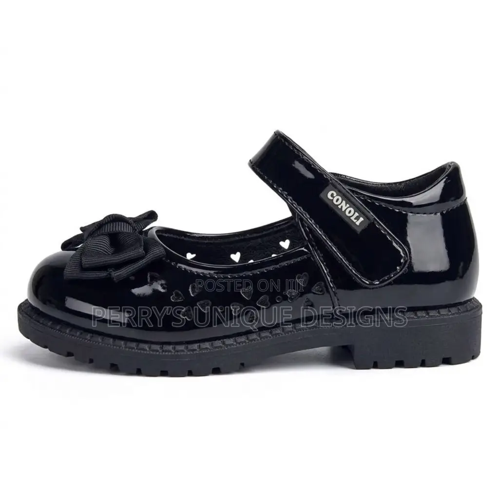 Conoli Glossy Bow Mary Jane Shoes for Girls-Black