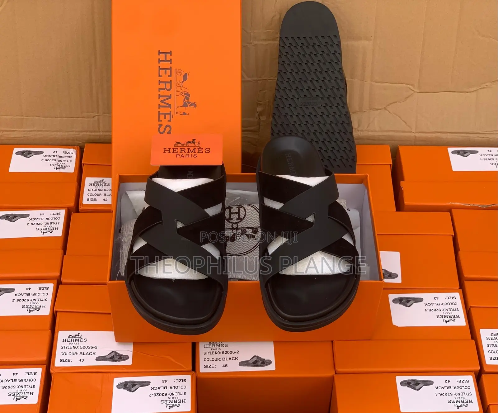 Hermes Kazmir Leather Slippers Black