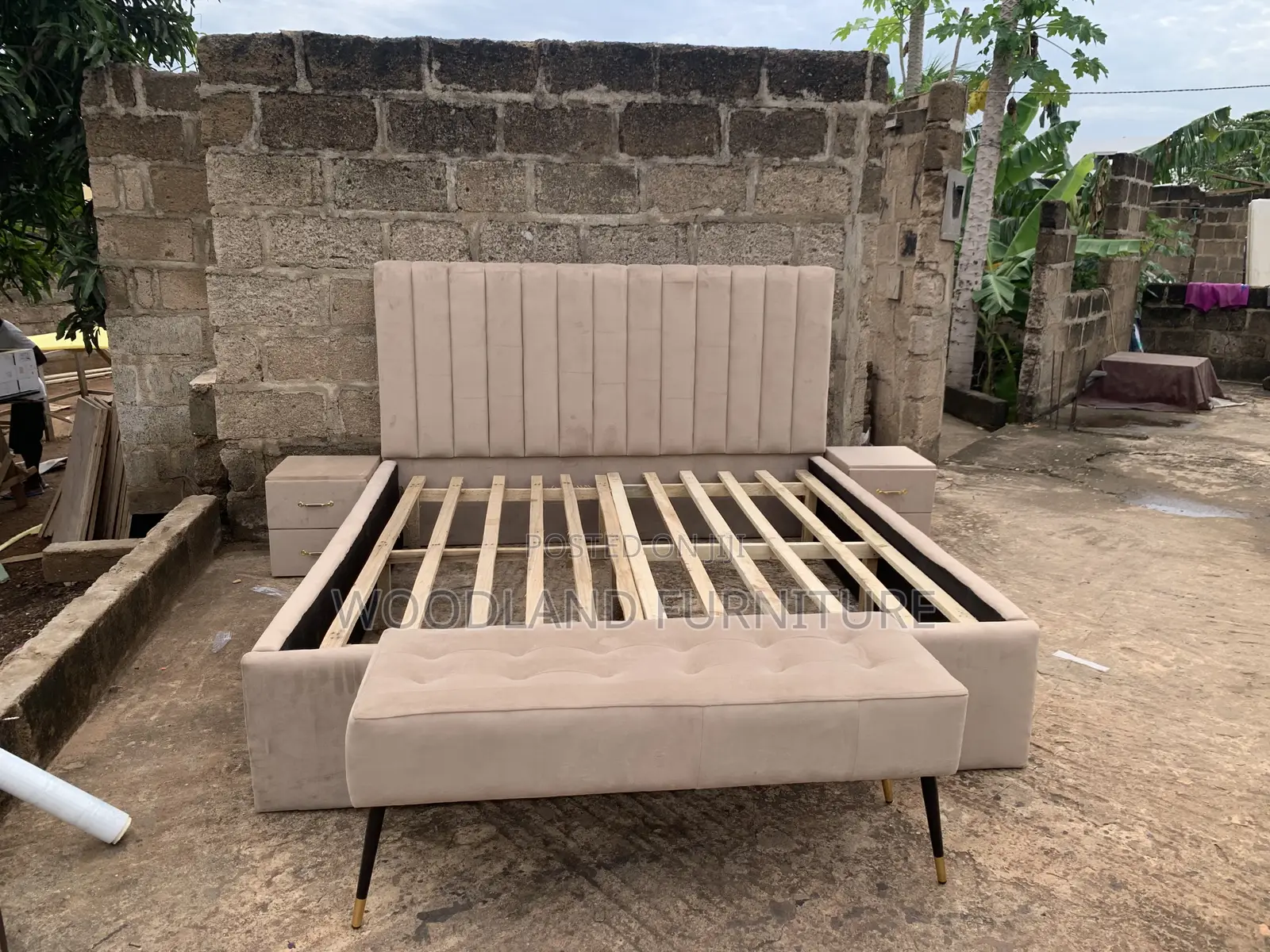 Queen Beige Channel-Tufted Bed Frame With Side Drawers and Bench