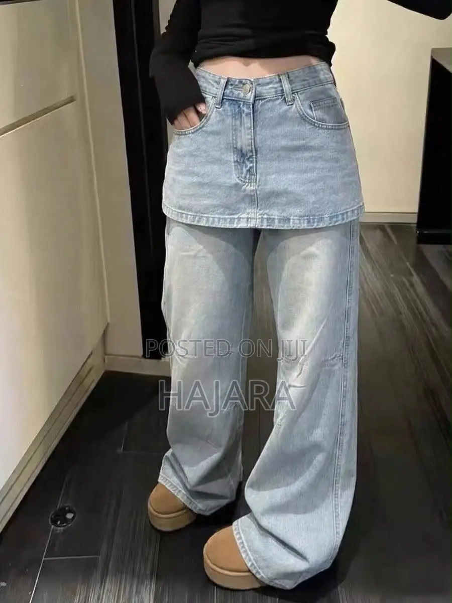 Denstyle Trendy Denim Skirt-Over-Pants / Layered Wide-Leg Jeans