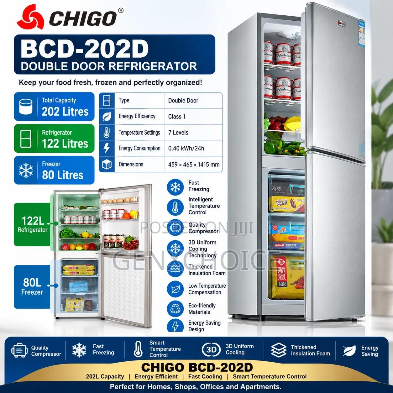 CHIGO Double Door Refrigerator( 202L)