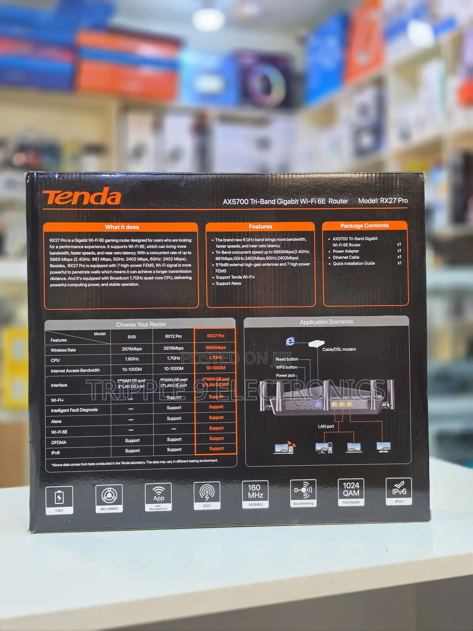 Tenda RX27 Pro (AX5700) Tri-Band Gigabit Wi-Fi 6E Router.