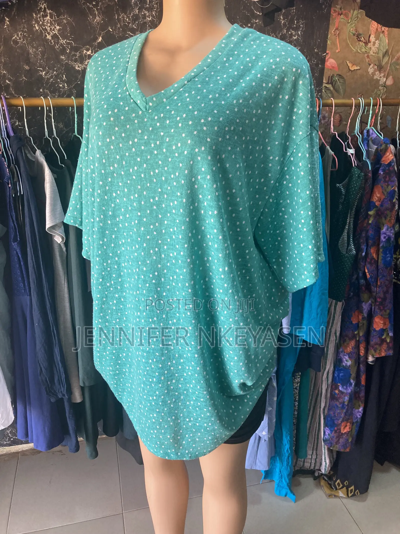 Green Polka Dot Free Size Top - V-Neck Batwing Blouse - Office Casual
