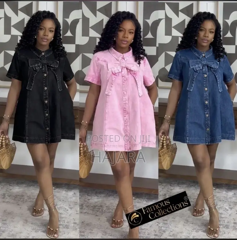 Trendy Front-Bow Denim Mini Shirt Dress