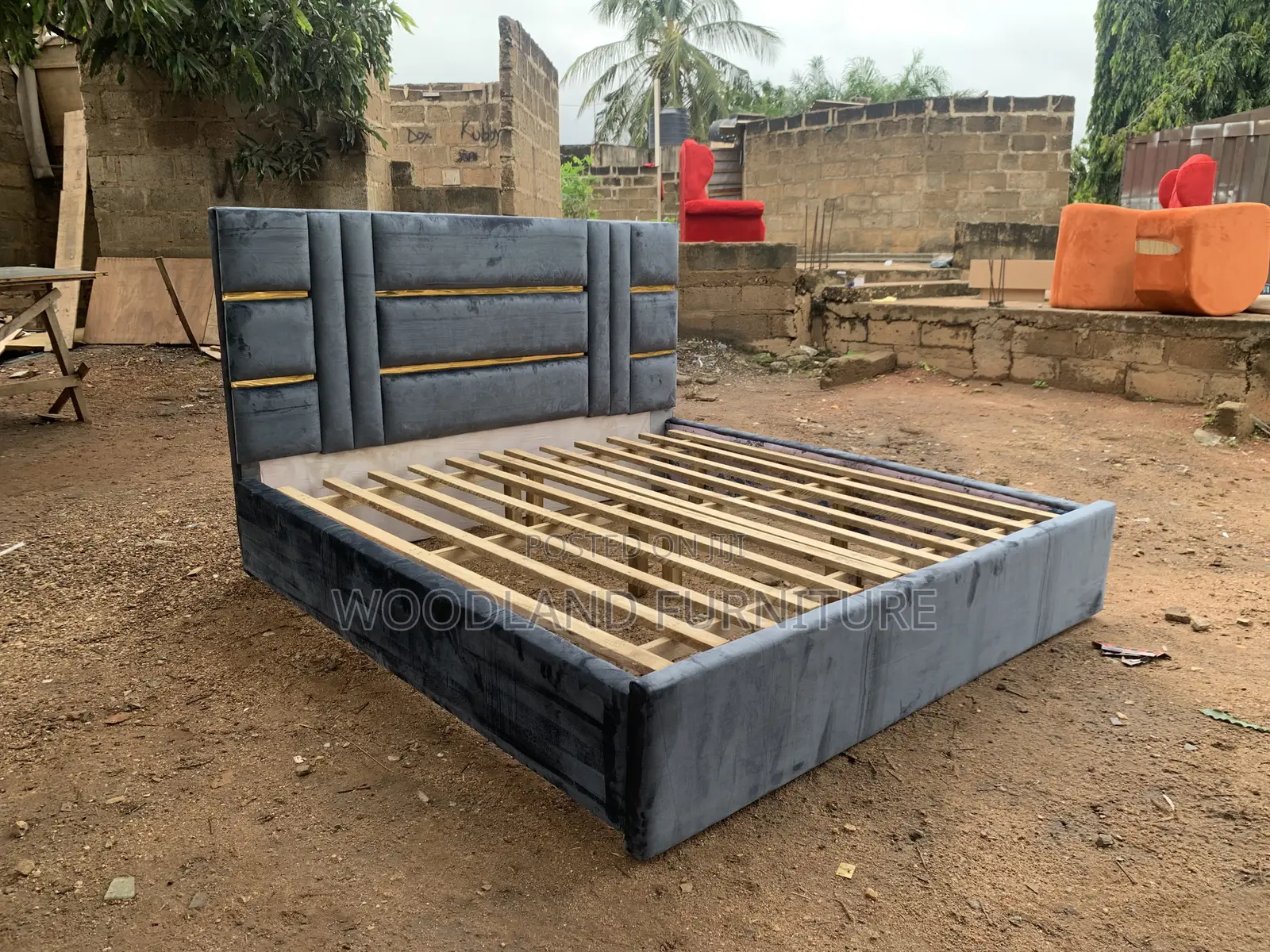 Bold Grey Velvet Bed Frame With Gold Accents