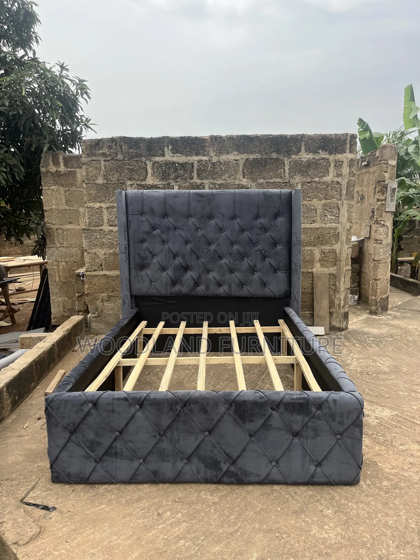 Luxurious Dark Gray Diamond Tufted Velvet Bed Frame by Woodland .