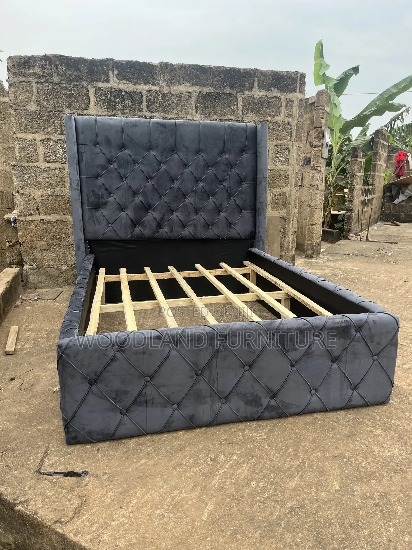 Luxurious Dark Gray Diamond Tufted Velvet Bed Frame by Woodland .