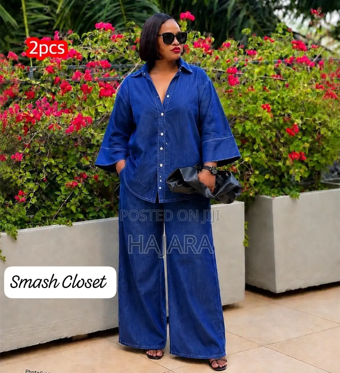 Trendy Denim 2-Piece Set | Button-Down Top & High-Waist Wide Pants