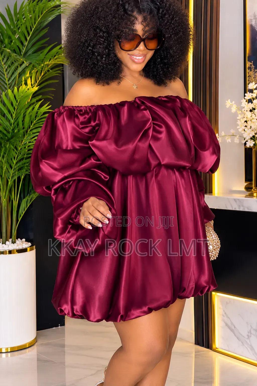 Luxurious Burgundy Satin Off-the-Shoulder Bubble Mini Dress .