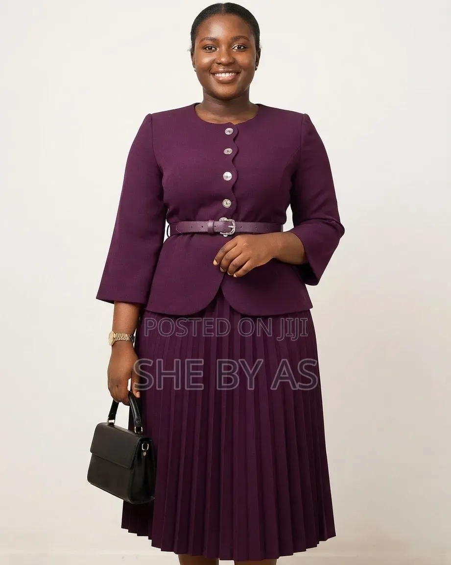 She by AS Elegant Ladies Corporate Pleated Dress Set With Belt – Plum