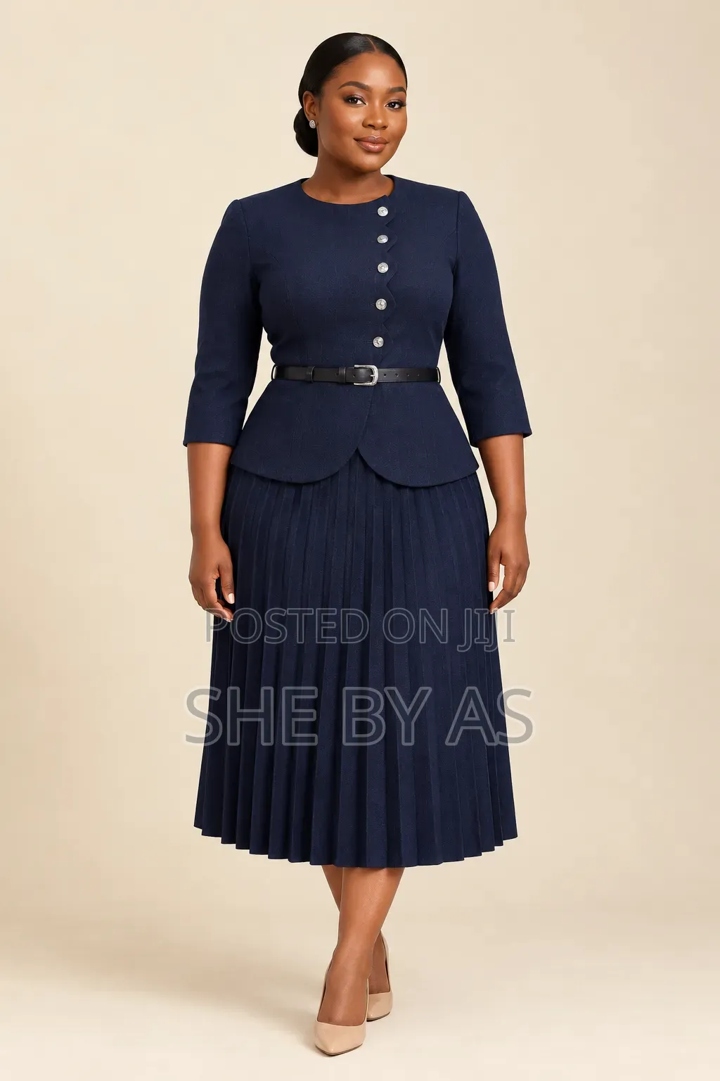 She by AS Elegant Navy Blue Corporate Pleated Dress Set With Belt